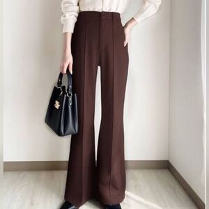GRL Japanese Fashion Stretchy Brown High Waist Wide Leg Flared Pintuck Pants